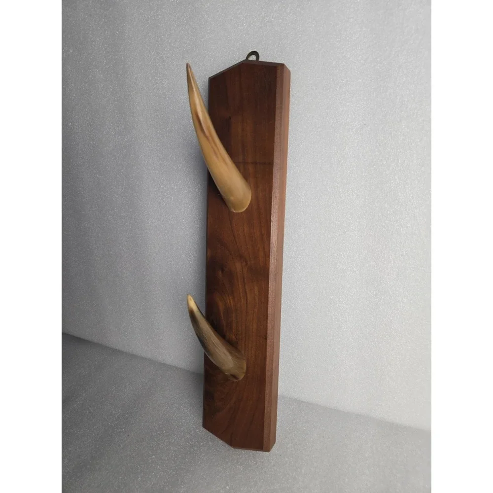 Mid Century Modern Wood Wall Coat Rack 2 Horn Hooks Teak Danish Style Vtg 15